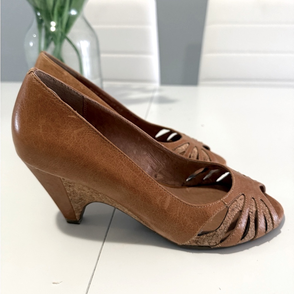 Miz Mooz Tan Peep-Toe Wedges size 6.5